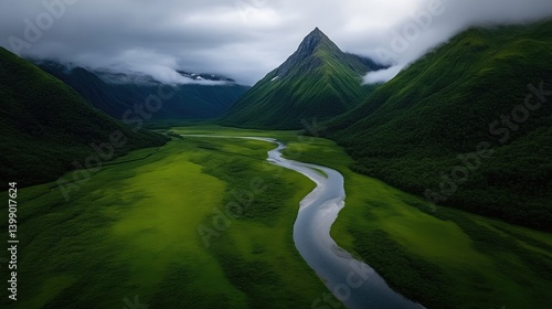Serene valley, winding river, dramatic mountains, lush green landscape.  Misty peaks and valleys