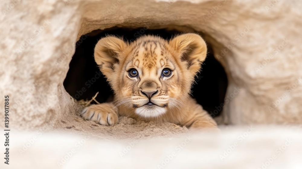 Cute lion cub peeking from a cave