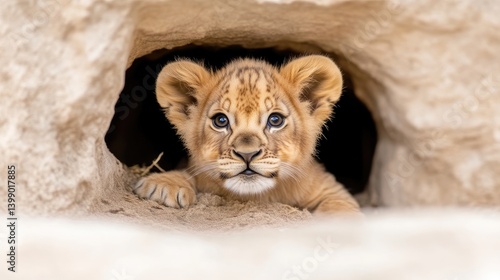 Obraz na płótnie Cute lion cub peeking from a cave w salonie
