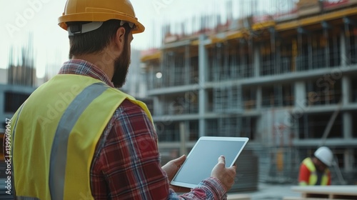 A construction site foreman discussing project updates with the team. Featuring leadership and communication