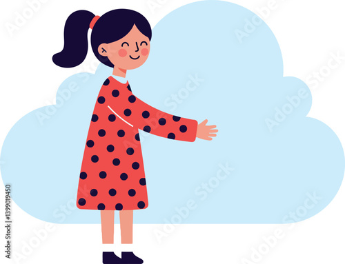 Girl in a polka dot dress reaching out to a fluffy cloud in flat vector art