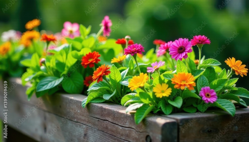 Rustic wooden raised bed, lush mix of colorful flowers and green vegetables , farm, garden, wood Rustic wooden raised bed, lush mix of colorful flowers and green vegetables , farm, garden, wood