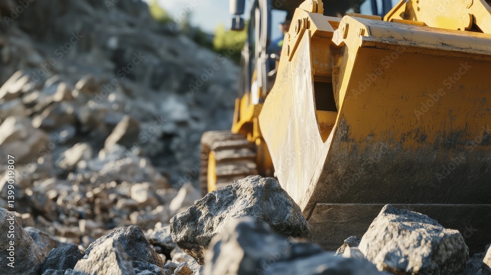 Fototapeta premium A construction site heavy machinery operator moving large rocks with a bulldozer. Featuring control and skill