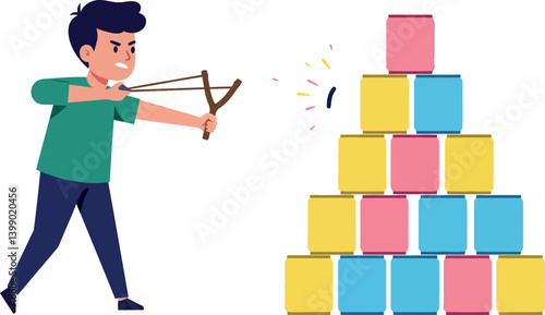 A boy aiming with a slingshot at a colorful stack of blocks in flat vector art