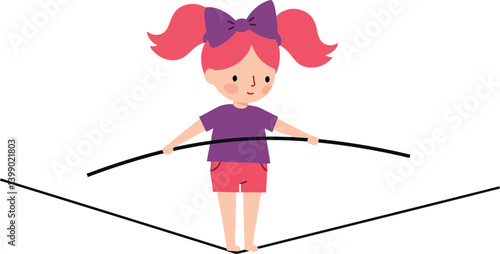 A cheerful girl balancing on a tightrope in a playful, minimal style vector art