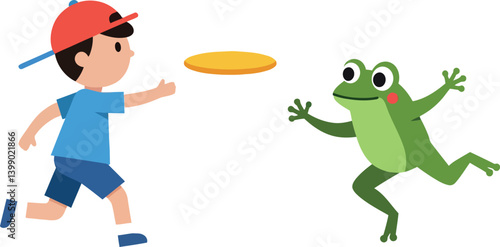 A boy in a blue shirt playing with a green frog while throwing a frisbee in flat vector art