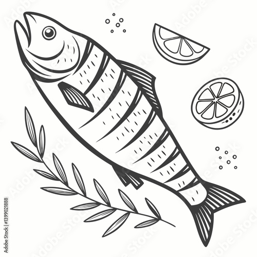 Black and White Grilled Fish Line Art Illustration Lemon Olive Branch Seafood Cooking Dish