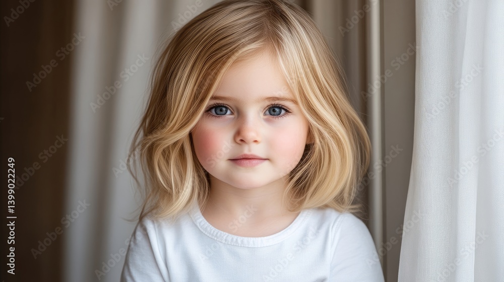 A young girl with blonde hair looking directly at the camera, soft natural light illuminating her face, indoor setting with white curtains, and serene and innocent expression.