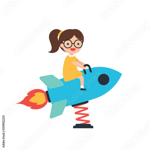Girl joyfully riding a blue rocket on a spring, minimal vector illustration