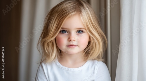Obraz na płótnie A young girl with blonde hair looking directly at the camera, soft natural light illuminating her face, indoor setting with white curtains, and serene and innocent expression. w salonie