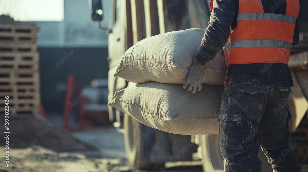 A construction site laborer unloading cement bags from a truck. Featuring strength and efficiency