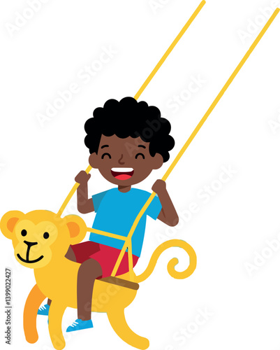 Child joyfully riding a playful lion swing in a flat vector illustration