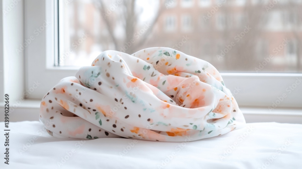 Soft, floral fabric draped on a surface near a window