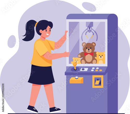 Girl playing with a claw machine to win stuffed animals in flat vector art