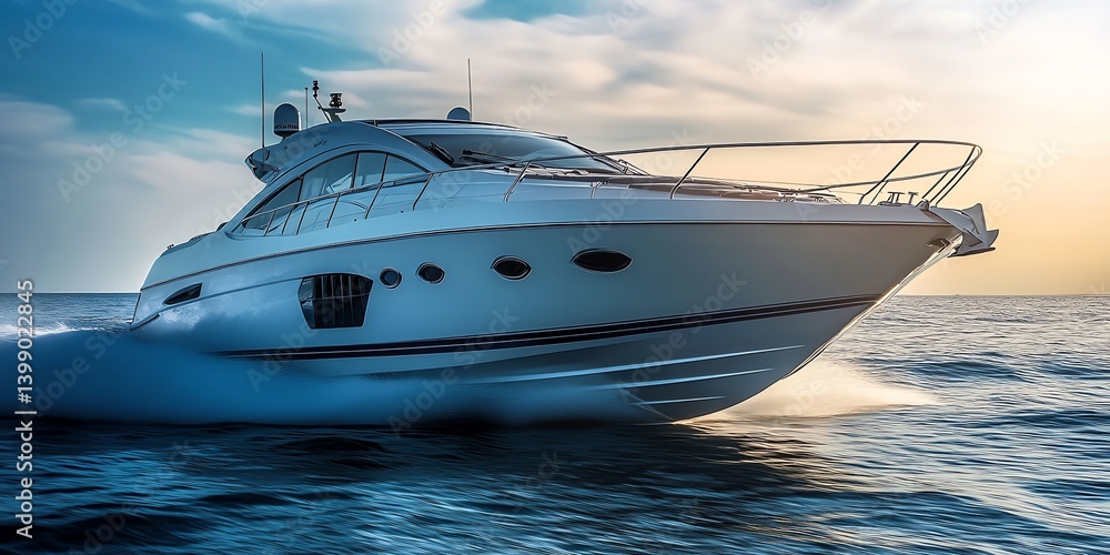 A sleek white yacht speeds across the ocean at sunset creating a wake Perfect for travel brochures and luxury lifestyle publications A sleek white yacht speeds across the ocean at sunset creating a wake Perfect for travel brochures and luxury lifestyle publications