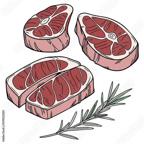 Fresh Raw Lamb Chops Rosemary Sprig Illustration - Butcher Shop Meat Cuts for Delicious Recipes