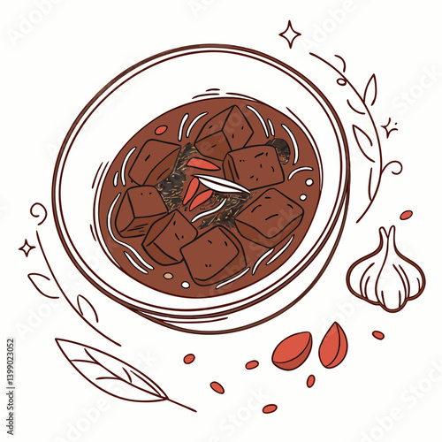 Delicious Filipino Adobo Dish Illustration with Garlic Almonds Leaf Art