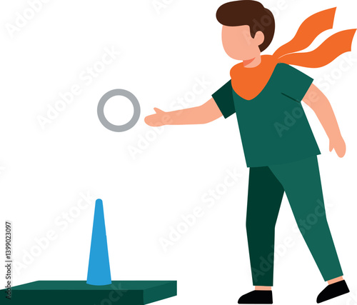 A young boy in a green outfit and orange cape tossing a ring towards a blue cone in flat vector art