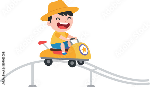 Happy child riding a yellow toy car on a roller coaster track in flat vector art