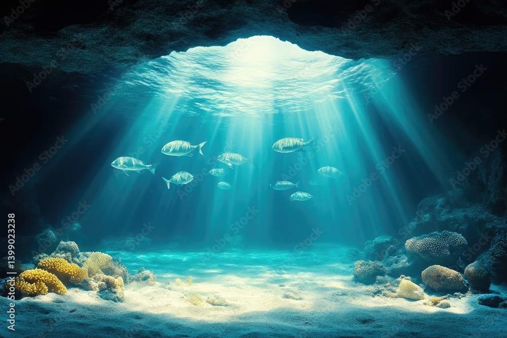 Sunlight streams into a vibrant underwater cave, revealing schools of fish and coral reefs