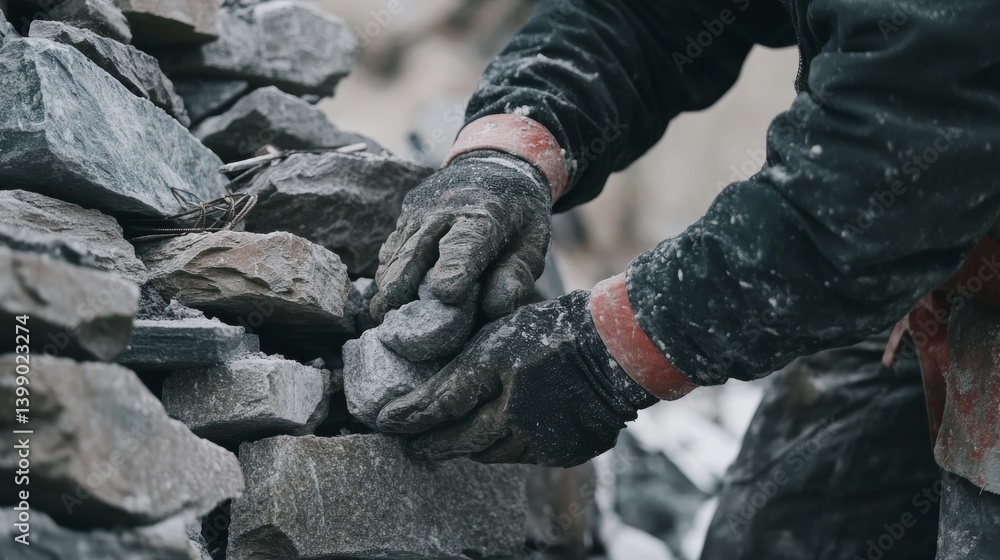 Fototapeta premium A construction site mason building a stone wall with precision. Featuring expertise and craftsmanship