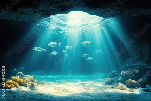 Obraz na płótnie Sunlight streams into a vibrant underwater cave, revealing schools of fish and coral reefs w salonie