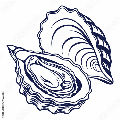 Oyster Line Art Vector Illustration - Blue Ink Drawing of Open & Closed Shellfish with Pearl - Gourmet Seafood
