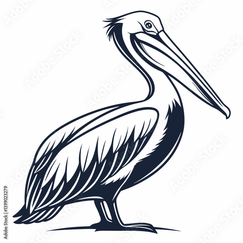 Stylized Black and White Pelican Vector Line Art Drawing