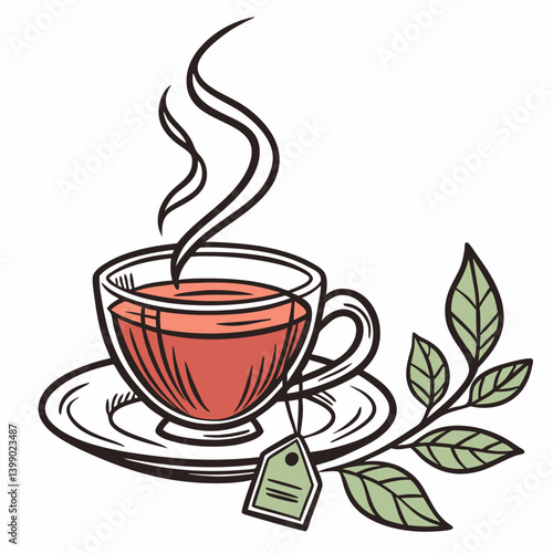 Detailed Line Art Sketch of Hot Steaming Red Herbal Tea in Glass Teacup with Tea Bag and Fresh Green Tea Plant Leaves Vector Graphic Stock Illustration
