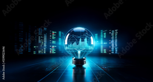 Wallpaper Mural A glowing lightbulb reveals a futuristic cityscape inside, set against a backdrop of digital data streams.  The image symbolizes innovation, technology, and progress. Torontodigital.ca