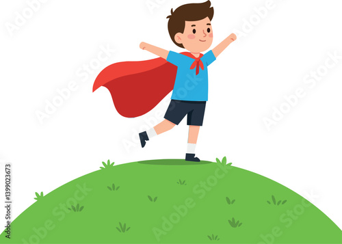A young boy wearing a red cape joyfully running on a grassy hill in flat vector art