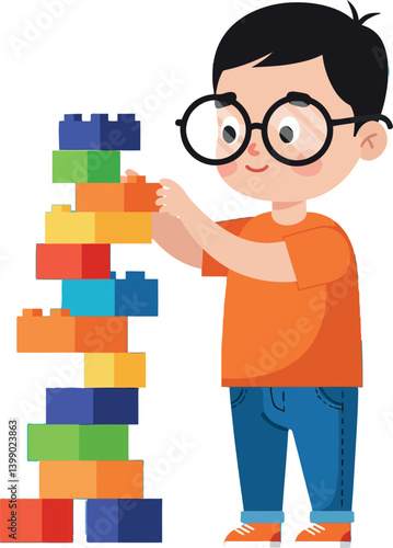 Young boy building a colorful tower with blocks in a flat vector illustration