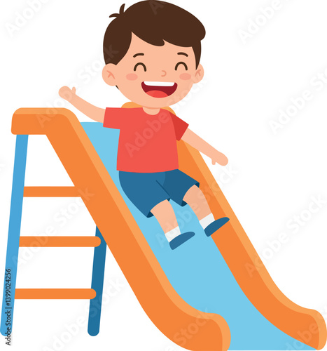 Happy child sliding down a colorful playground slide in flat vector illustration