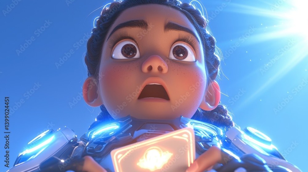 Animated girl, surprised expression, holding glowing card, futuristic armor