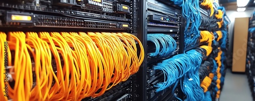 Network server room with cables.