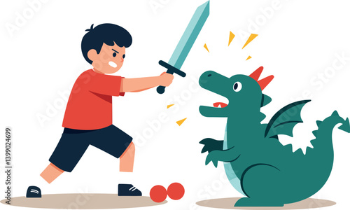 A young boy in a red shirt bravely facing a playful green dragon in a flat vector illustration
