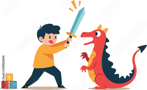 A young boy bravely facing a colorful dragon in a playful flat vector illustration