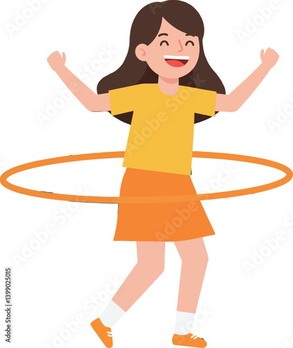 Happy girl in yellow shirt and orange skirt joyfully hula hooping in a playful flat vector illustration