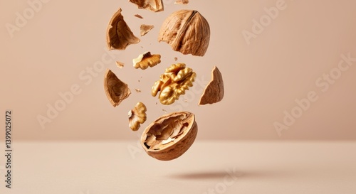 Dynamic walnut explosion against neutral background