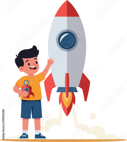 A happy boy with a toy rocket standing beside a colorful rocket ship in flat vector art