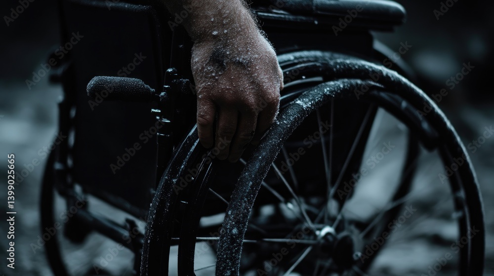 A hand on a wheelchair's wheel, in a wintry scene