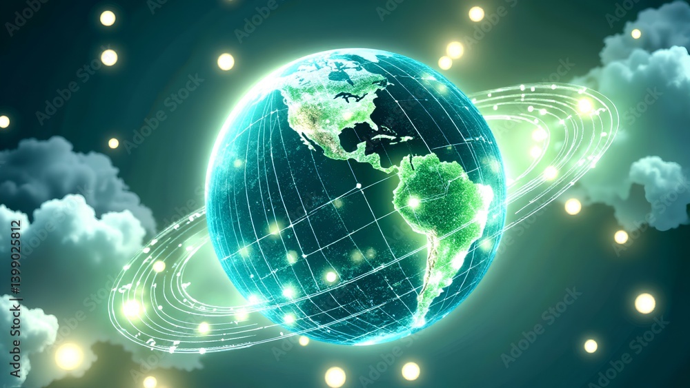 Obraz premium A glowing representation of Earth surrounded by luminous rings and clouds, symbolizing technology and connectivity in a cosmic setting.