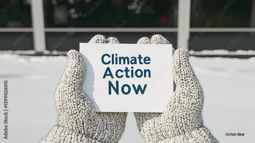 Hands in gloves holding a card advocating for immediate climate action in snowy weather