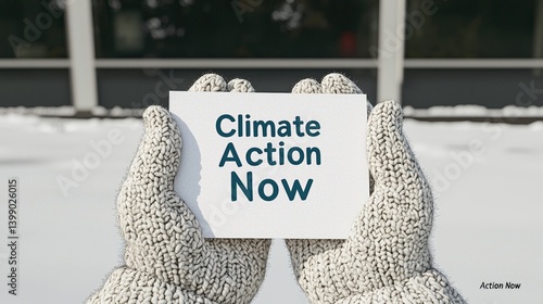 Obraz na płótnie Hands in gloves holding a card advocating for immediate climate action in snowy weather w salonie