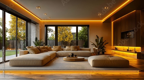 Modern living room with sectional sofa, ambient lighting, and garden view.