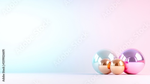 Metallic Spheres Gold and Pink accents Minimalist style High-gloss render Wide angle view Reflective surfaces Grouped arrangement Pastel backdrop Soft light hues Website design inspiration