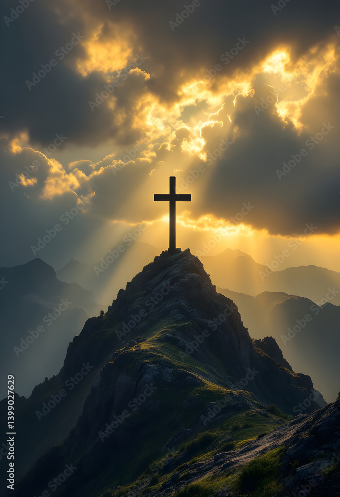 Christian cross, crucifixion on beautiful mountain rock at sunrise landscape. jesus easter resurrection concept. Good Friday. Religion, Bible, Christianity and faith concept. Christian cross, crucifixion on beautiful mountain rock at sunrise landscape. jesus easter resurrection concept. Good Friday. Religion, Bible, Christianity and faith concept.