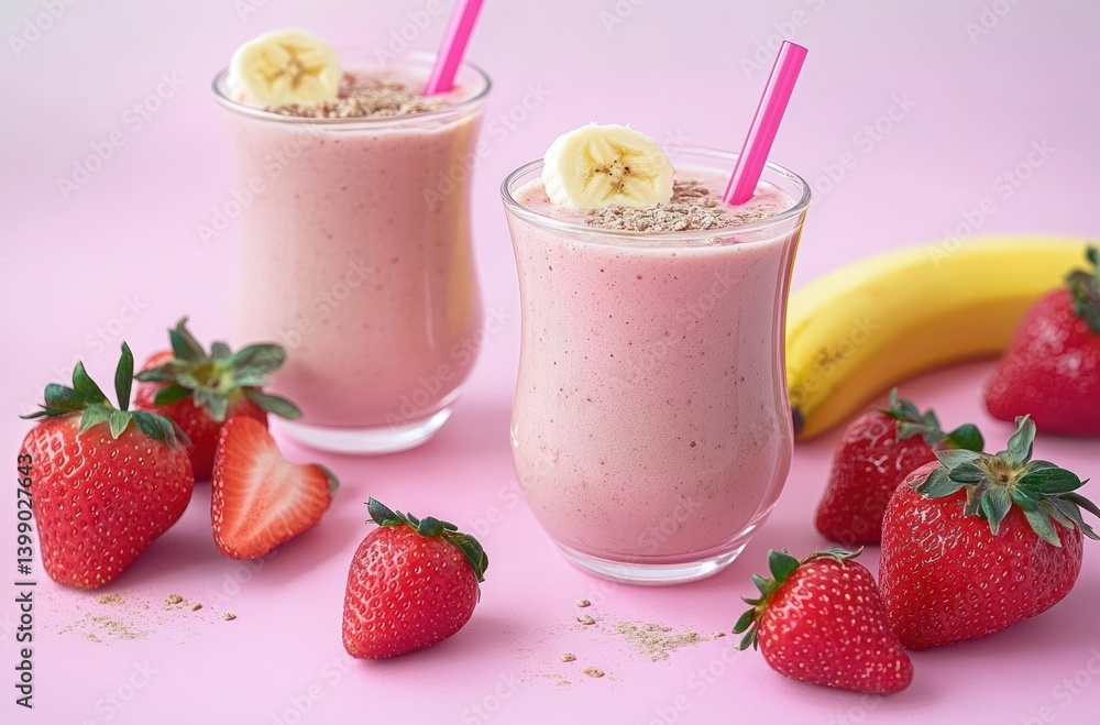 Strawberry Banana Protein Smoothie Cocktail with Organic Milk and Yogurt for Healthy Refreshment Strawberry Banana Protein Smoothie Cocktail with Organic Milk and Yogurt for Healthy Refreshment