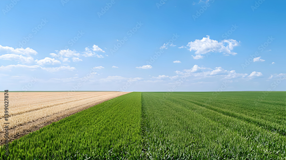 Split Field Of Crops Under A Sunny Sky Split Field Of Crops Under A Sunny Sky