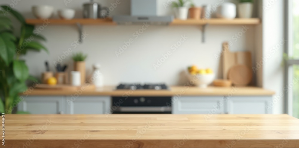 Clean and empty kitchen table against a defocused background focusing on the empty space, empty room, empty kitchen decor, vacant table top Clean and empty kitchen table against a defocused background focusing on the empty space, empty room, empty kitchen decor, vacant table top